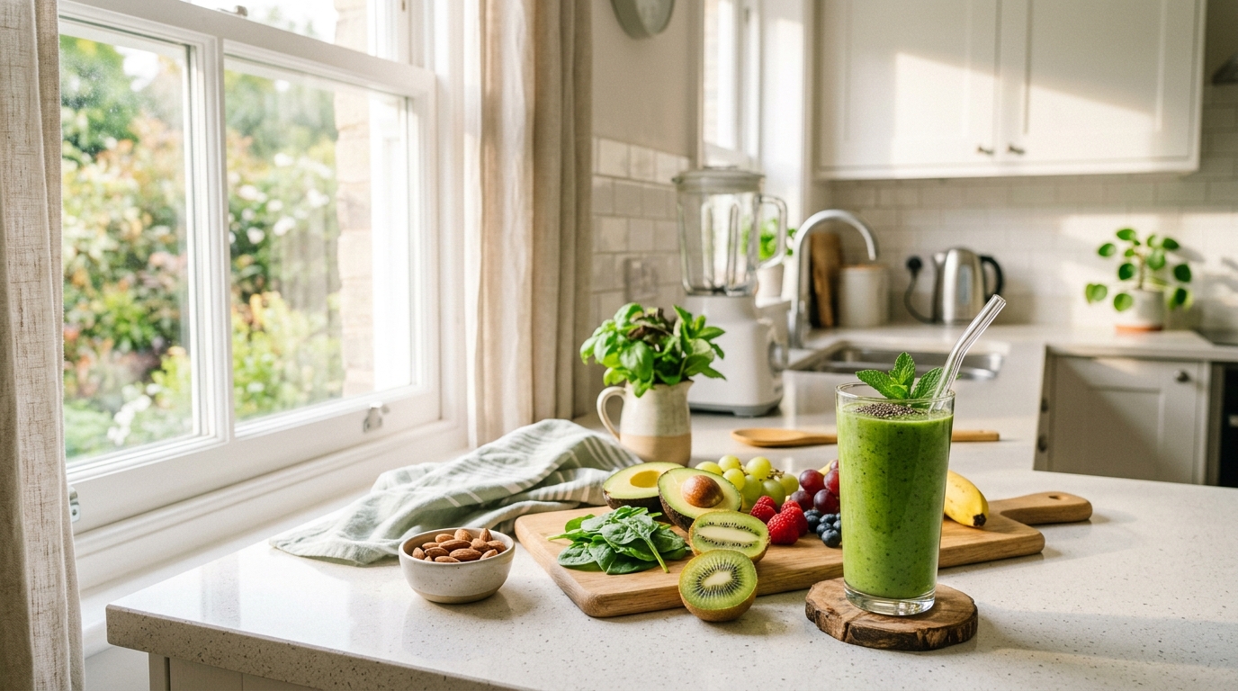 Frischer grüner Smoothie mit Obst auf einer Küchentheke im Morgenlicht