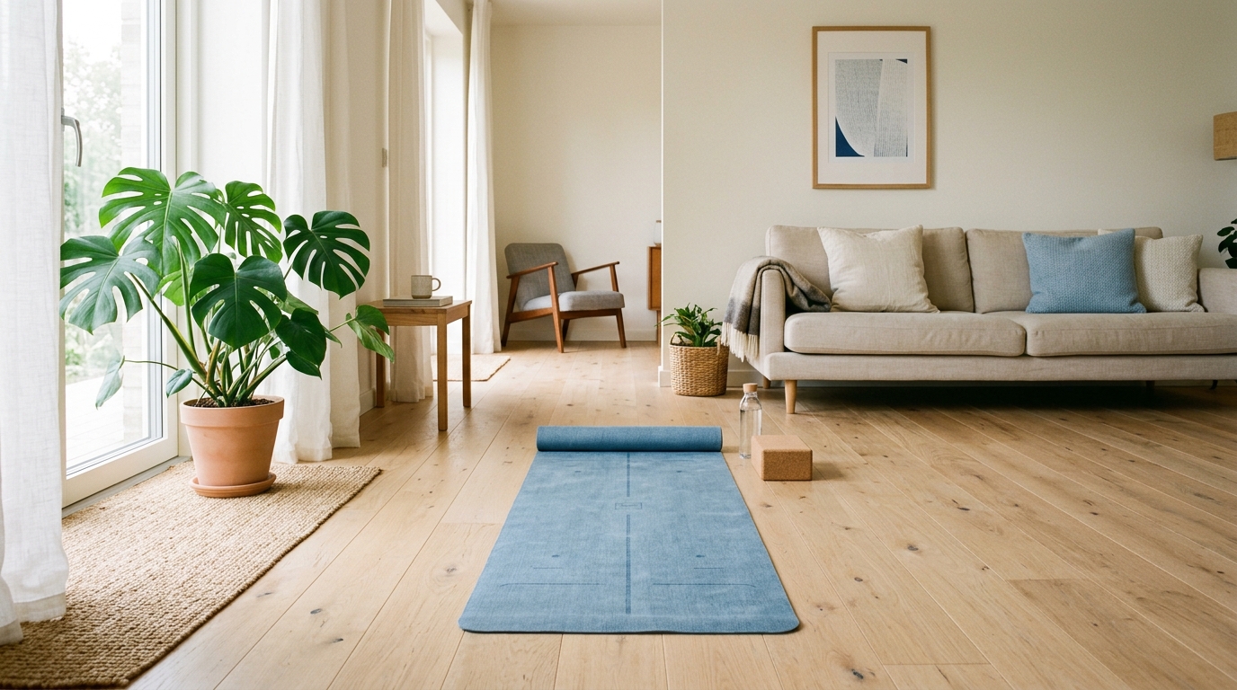 Helles Wohnzimmer mit Yogamatte auf hellem Holzboden und einer Monstera-Pflanze
